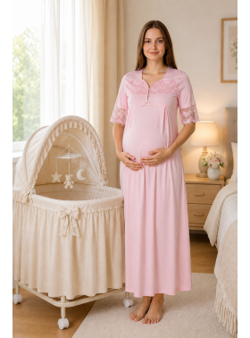 Effortt 9013 Pudra Pembe Dantelli Hamile Lohusa Gecelik